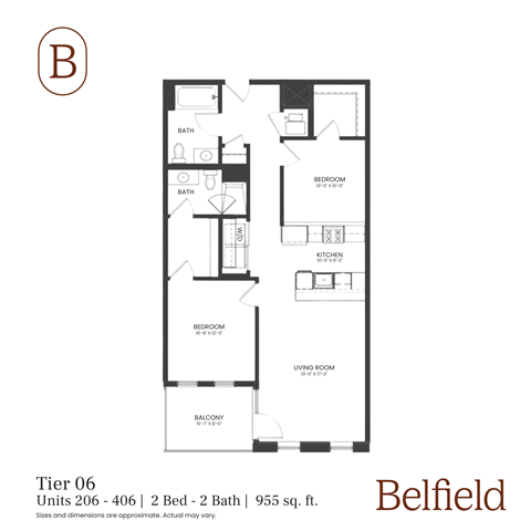 Floor plan for 2 beds, 2 baths, 886 sqft